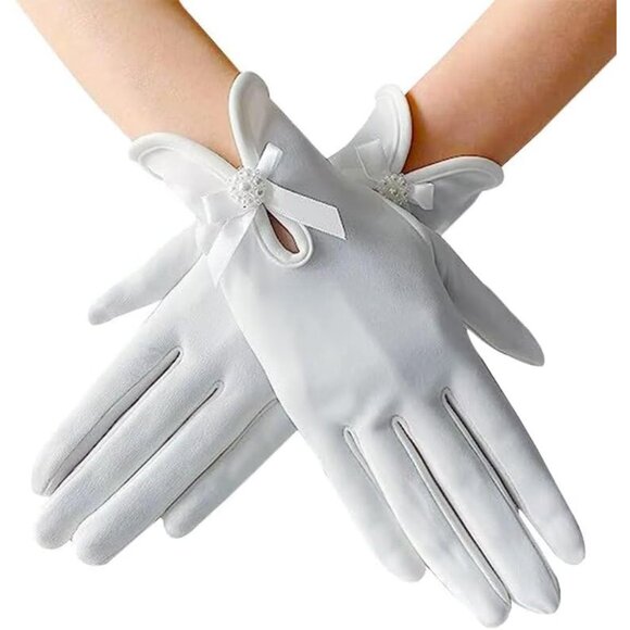 Accessories - Women's Satin Short Gloves Pearl Bow Flower Elegant Opera Party Accessory